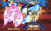 two cartoon characters standing next to each other with the words max level written on the bottom