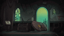 a cartoon drawing of a room with a door that says ' a ' on it