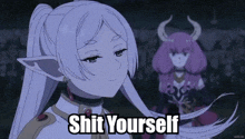 a cartoon girl with horns is standing next to another girl with horns and the words `` shit yourself '' .
