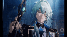 a blue haired anime character is holding a wand with a star on it