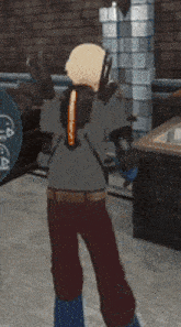 a cartoon character is standing in a room with a ponytail .