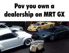a man holding a box of money stands in front of a bunch of cars that say pov you own a dealership