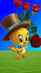 a tweety bird wearing a top hat holds a rose