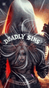 a woman is holding a gun with the words deadly sins on her back