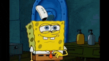 spongebob squarepants is wearing a sailor hat and tie while standing in front of a door .
