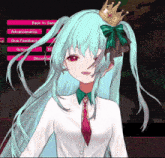 a girl with green hair and a gold crown on her head