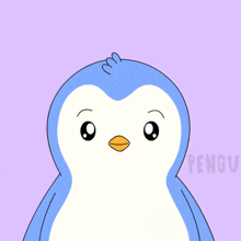 a penguin wearing a party hat is holding a purple cake