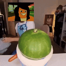 a watermelon with a picture of a girl on it