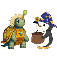 a turtle with a unicorn horn and a penguin with a pot of gold