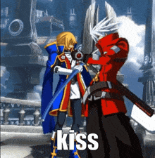 a video game character with the word kiss on the bottom right