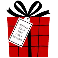 a red gift box with a black ribbon and tag that says wishing you a very happy birthday