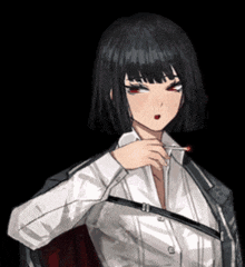 a girl with black hair and red eyes is holding a lighter in her hand