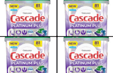 four containers of cascade platinum plus dishwasher capsules