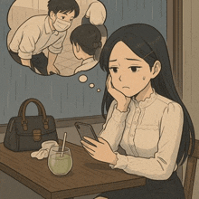 a cartoon of a woman sitting at a table looking at her cell phone