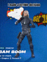 a woman in a black suit is holding a bomb and says i made a terrible decision bam boom