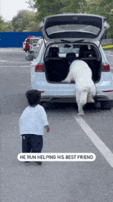 a little boy walking towards a white car with the words he run helping his best friend on the bottom right