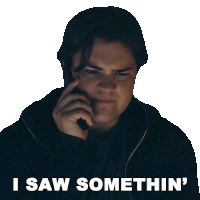 a man talking on a cell phone with the words " i saw somethin ' " above him