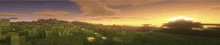 the sun is setting over a field of grass and trees in minecraft