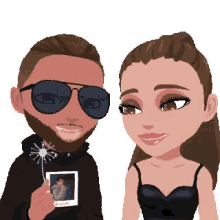 a cartoon of a man holding a sparkler and a woman holding a picture of a man