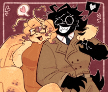 a drawing of a man in a suit and a woman with glasses and a heart in the background