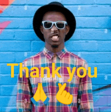 a man wearing sunglasses and a plaid shirt is giving a thank you gesture