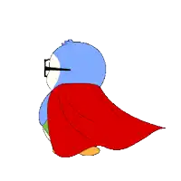 a blue penguin with glasses and a red cape
