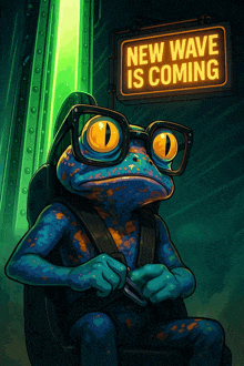 a frog wearing glasses sits in front of a neon sign that says new wave is coming