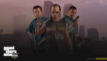 a grand theft auto 5 loading screen shows three characters holding guns