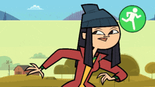 a cartoon character with a green circle with a running man behind her