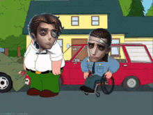 a cartoon of a man in a wheelchair standing next to a man in a wheelchair