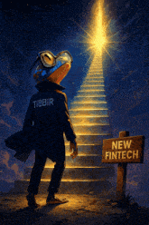 a cartoon of a frog with the name tibbir on his back walking up a set of stairs