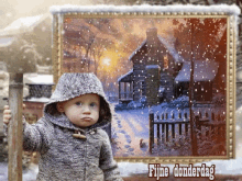 a baby in front of a painting that says fijne donderdag