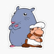 a cartoon hamster and a man with a mustache are standing next to each other on a white background .