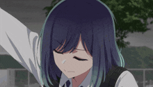 a girl with blue hair is wearing a white shirt and tie