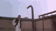a man is standing in front of a very long pole .