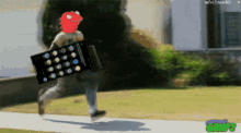 a man with a red head is running down a sidewalk carrying a harmonica