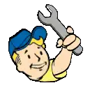 a man in a blue hat is holding a wrench in his hand