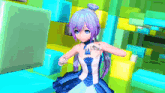 a girl with purple hair and blue eyes is standing in front of a stack of blocks