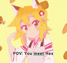 a picture of a girl with a flower in her hair and the words " pov : you meet hex "