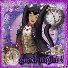 a picture of a cat and a clock with the words good night