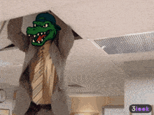 a man in a suit and tie is looking through a hole in the ceiling with a cartoon crocodile on his head