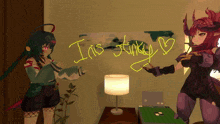 two anime girls are standing in front of a poster that says " instinctive "