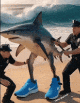 two police officers are holding a shark that is wearing nike shoes