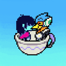 a pixel art of a person sitting in a cup of tea