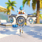 a cartoon character with blue hair is standing on a white item