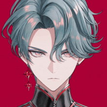 a close up of a person 's face with blue hair on a red background