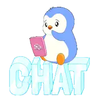 a penguin is sitting on a block with the word chat behind it