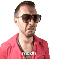 a man wearing sunglasses and a red shirt has the word modh on the bottom right