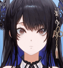 a close up of a girl 's face with black hair