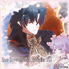 a picture of a man and a girl with the words he loves fu xuan